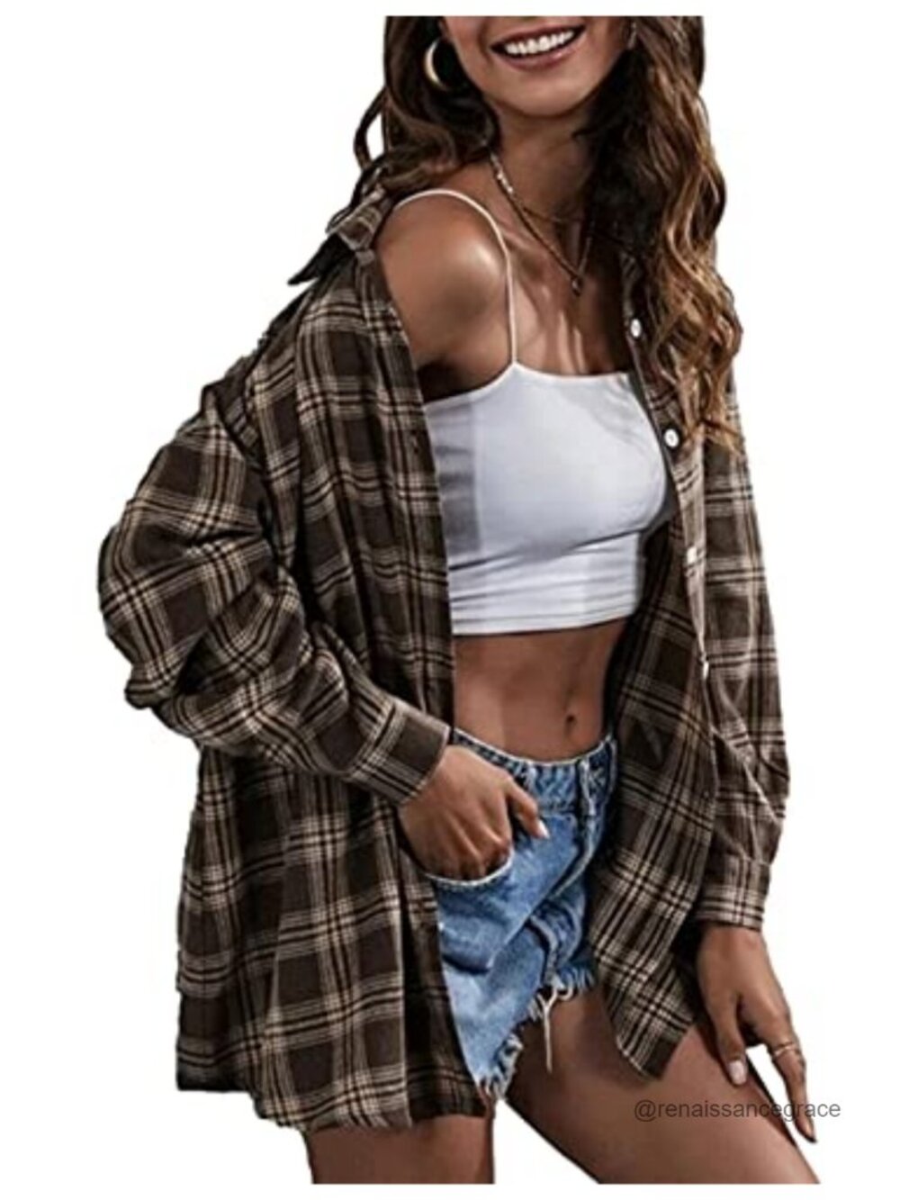 Womens Oversized Plaid Flannel Button Down Shirt Long Sleeve Casual Top